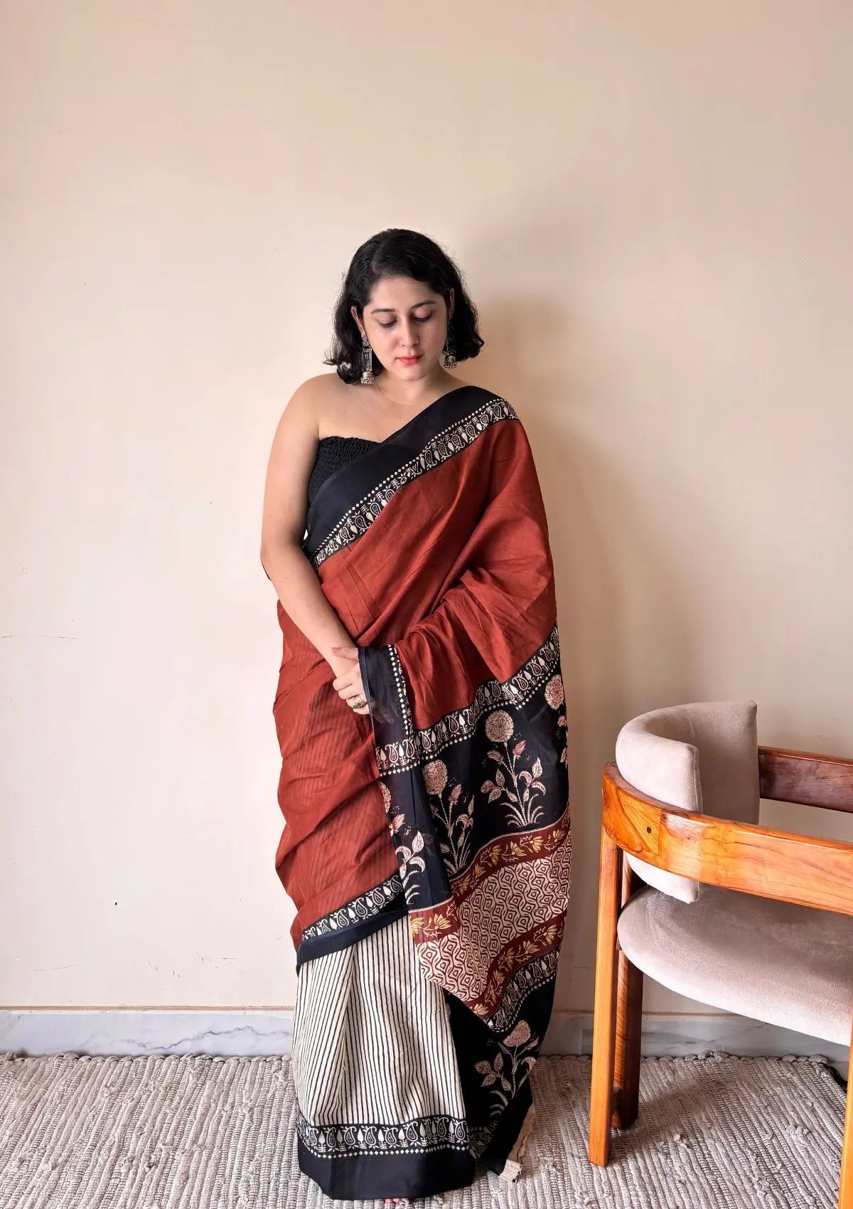 Leela Cotton Bagru Handblock Printed Saree | Red Black
