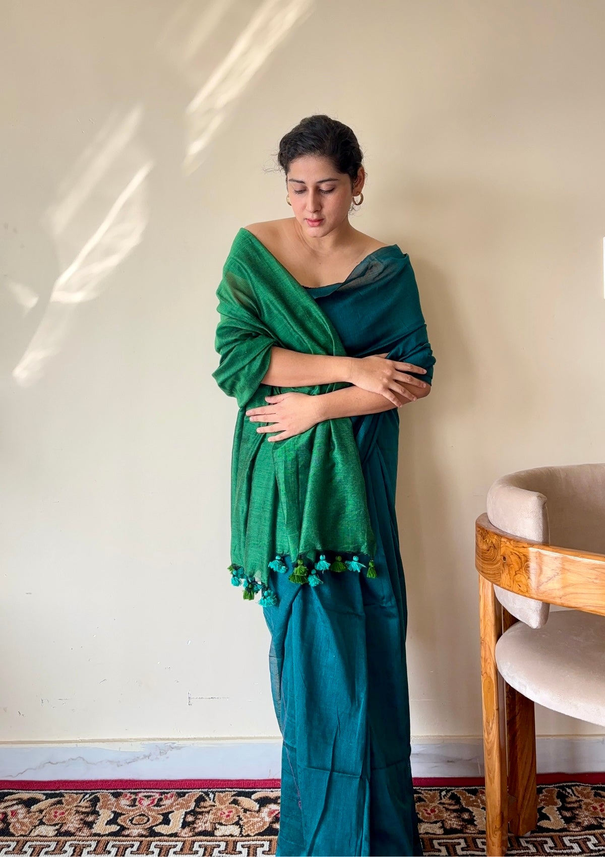 Mrinalini Peacock Blue and Green Soft Cotton Mulmul Saree