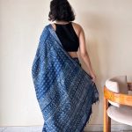 Varuni Indigo Linen Cotton Bagru Handblock Printed Saree | Blue