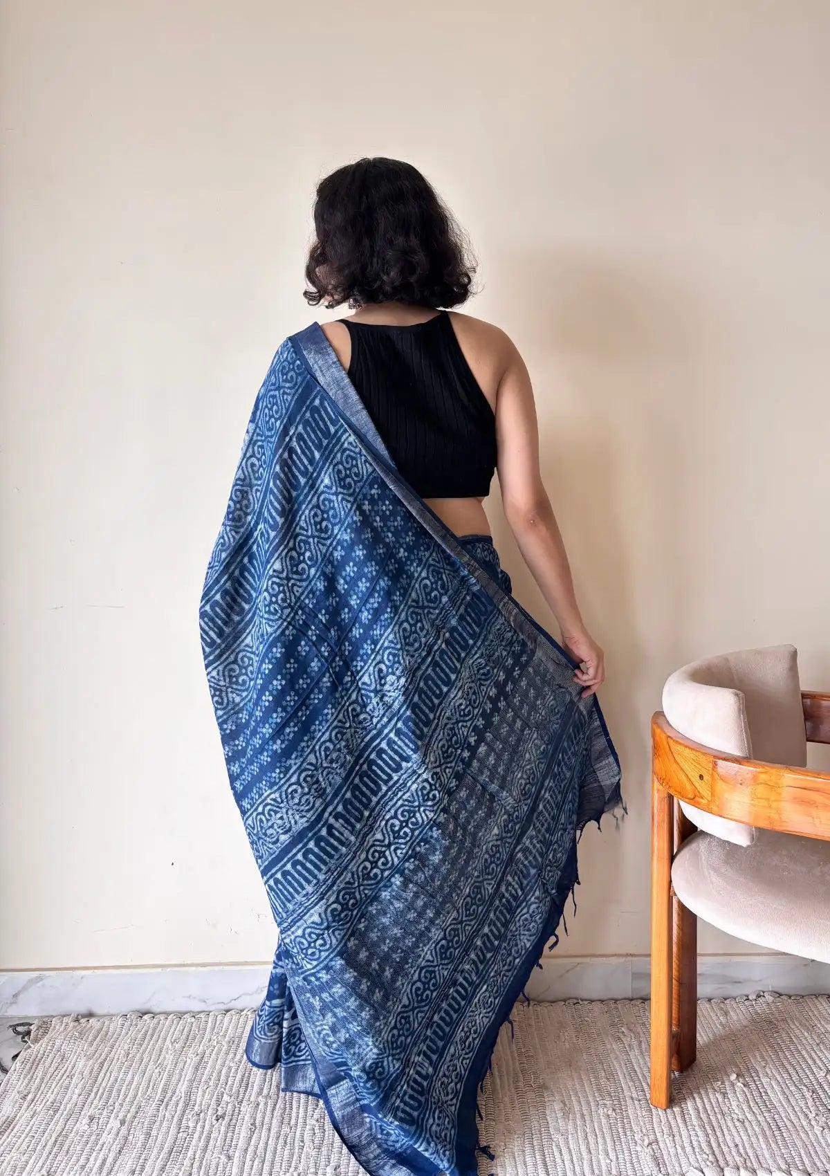 Varuni Indigo Linen Cotton Bagru Handblock Printed Saree | Blue
