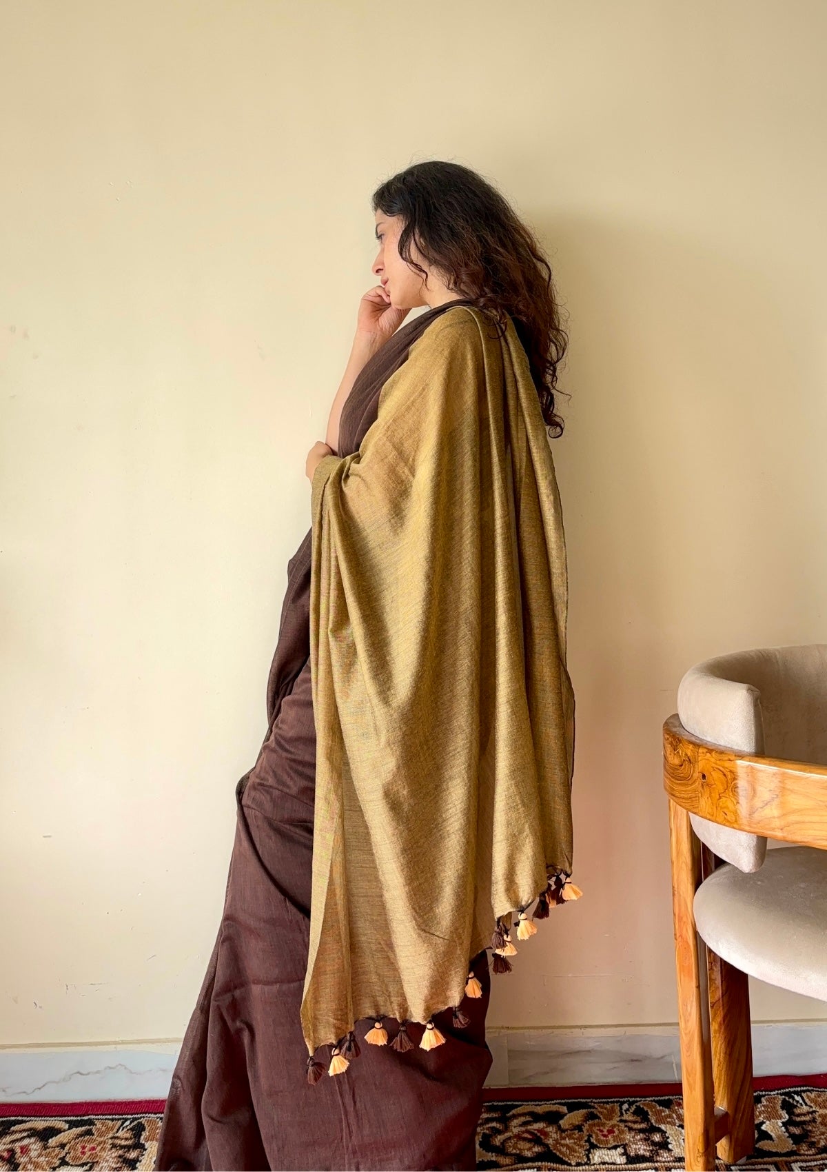 Yogini Brown and Beige Pure Cotton Saree with Tassels