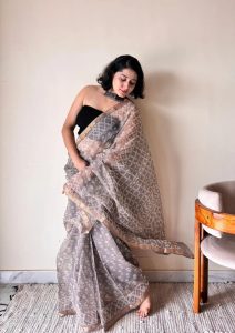Meghna Kota Doria Cotton Silk Handblock Saree | Brown Grey