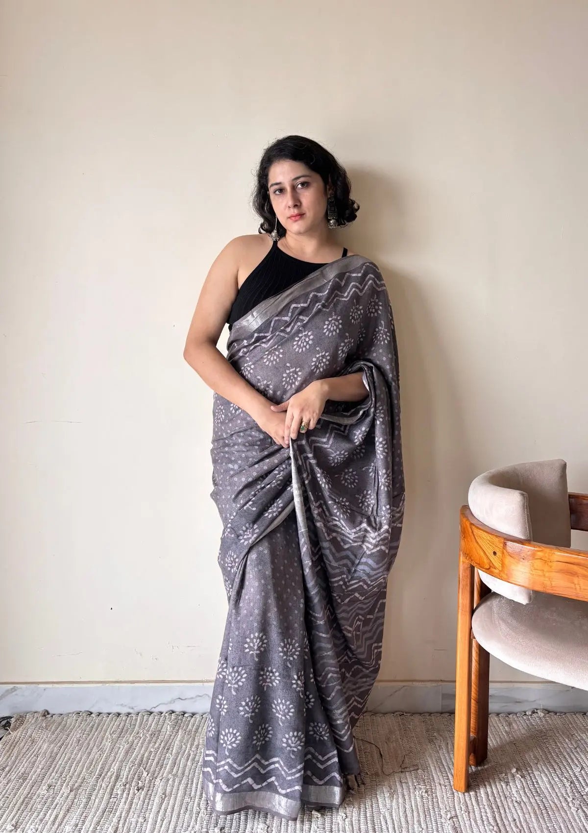 Soma – Cotton Dabu Handblock Printed Saree | Grey