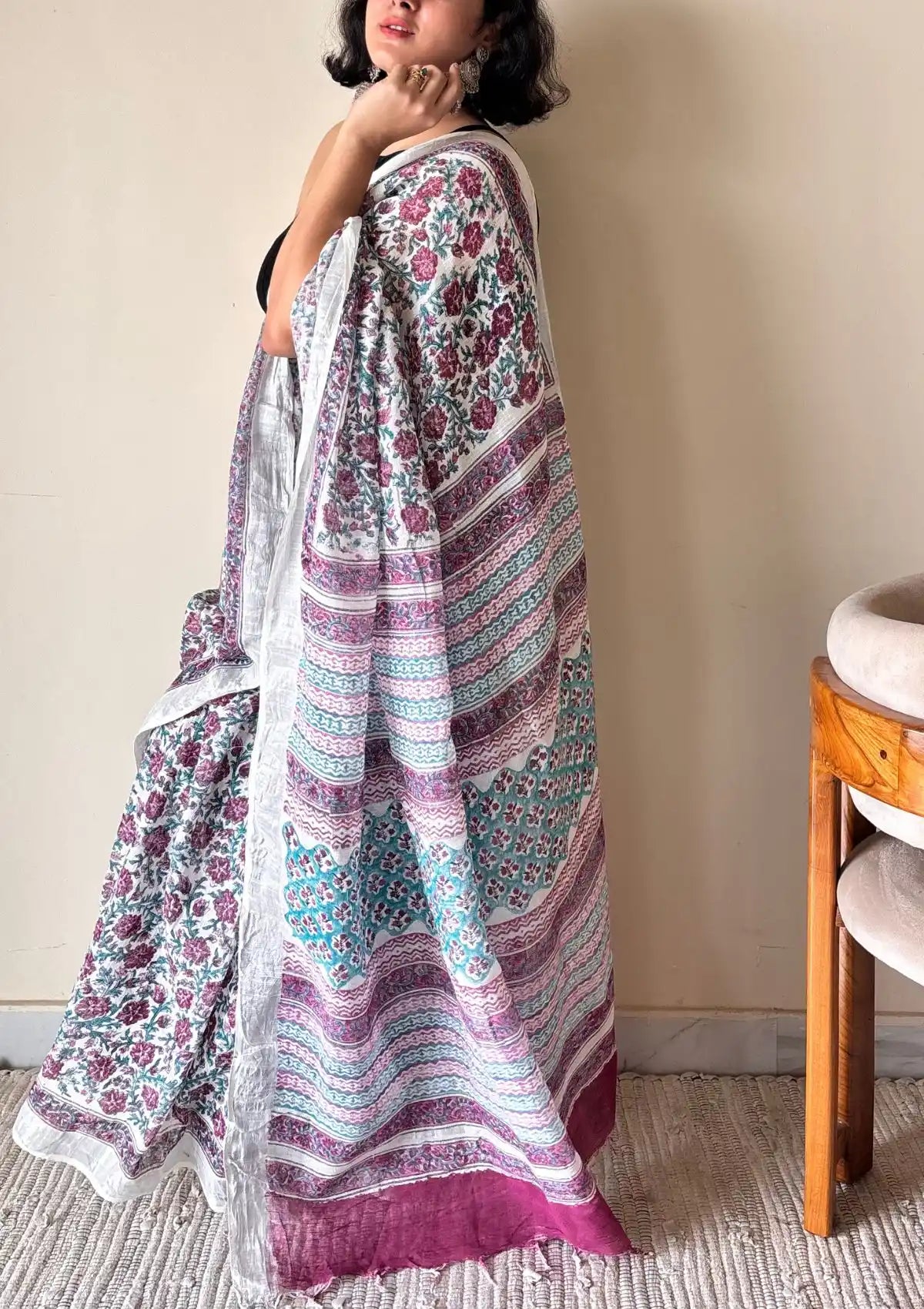 Bahaar Linen Cotton Bagru Handblock Printed Saree | Pink White