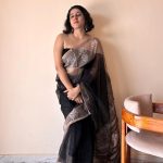 Jamini Kota Doria Cotton Silk Handblock Printed Saree | Black