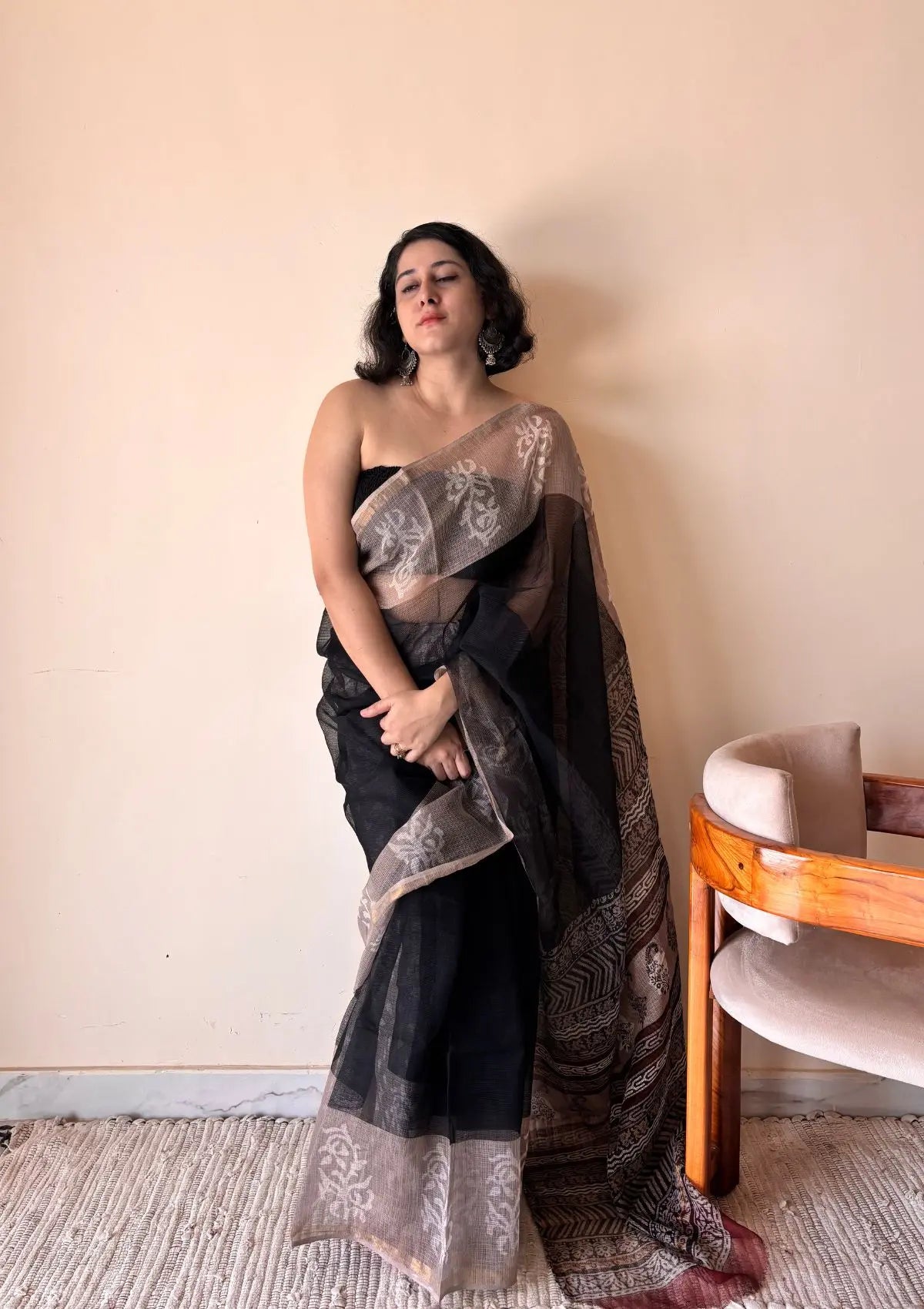 Jamini Kota Doria Cotton Silk Handblock Printed Saree | Black