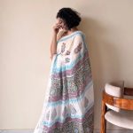 Hansini Linen Cotton Bagru Handblock Printed Saree | White Blue