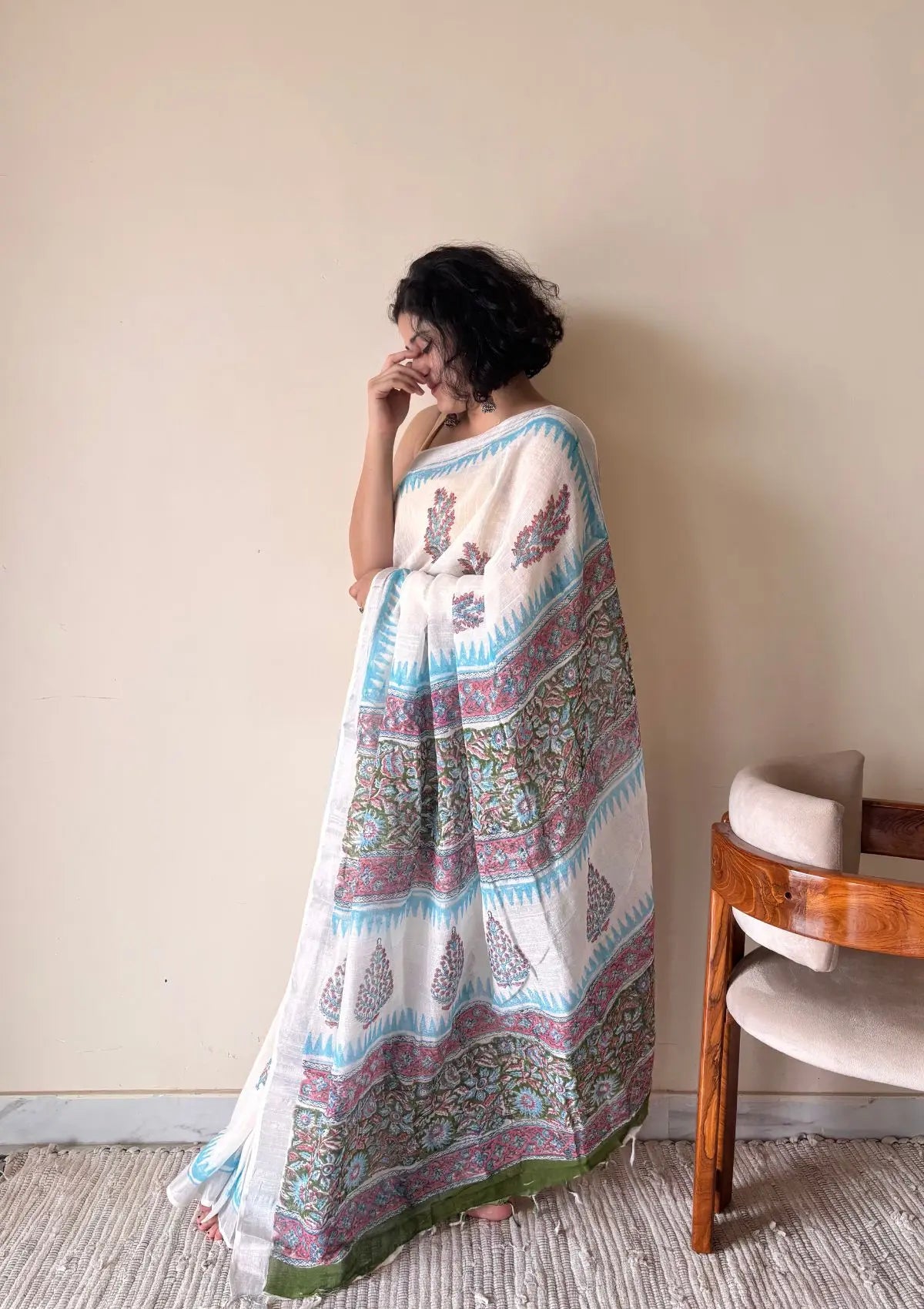 Hansini Linen Cotton Bagru Handblock Printed Saree | White Blue