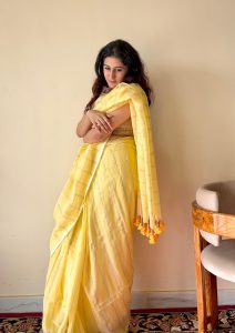 Harini Yellow Mulmul Cotton Gold Zari Striped Saree
