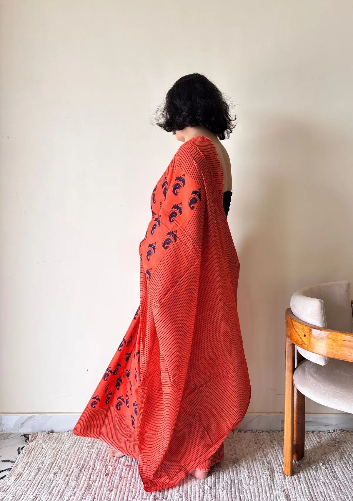 Gulmohar Cotton Bagru Handblock Printed Saree | Red, Black