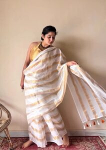 Gauri | Ivory White Gold Handloom Cotton Saree with Zari Stripes