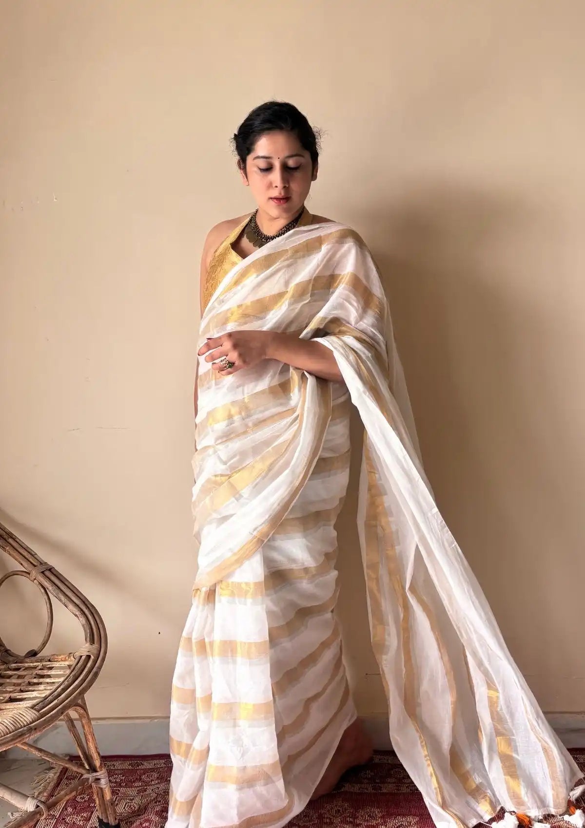 Gauri | Ivory White Gold Handloom Cotton Saree with Zari Stripes