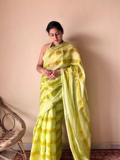 Anya | Lime Yellow Handloom Cotton Saree with Zari Stripes