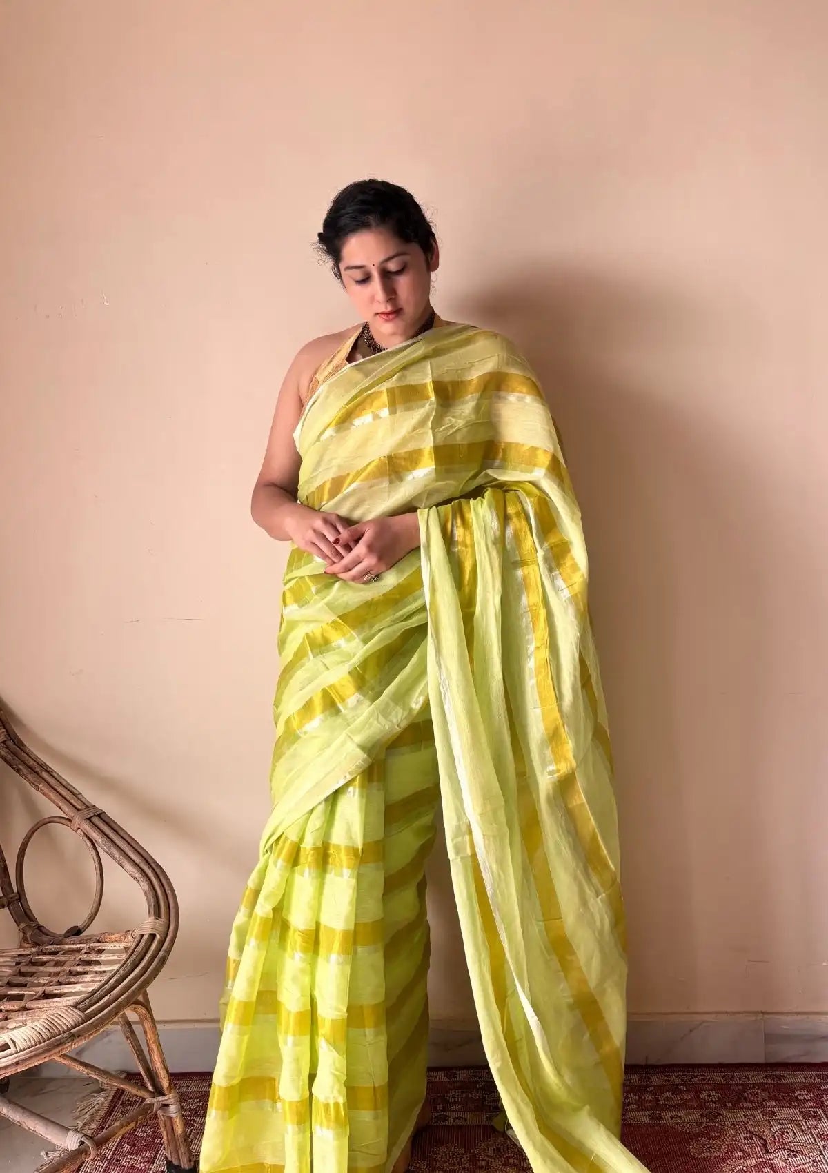 Anya | Lime Yellow Handloom Cotton Saree with Zari Stripes
