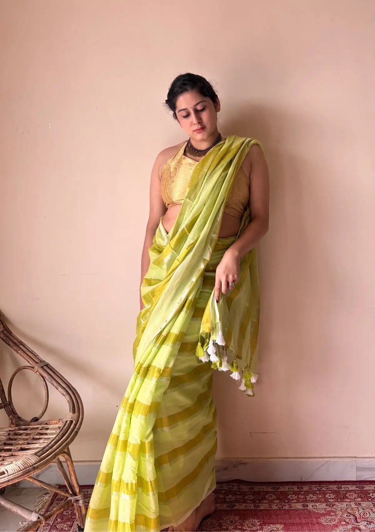 Anya | Lime Yellow Handloom Cotton Saree with Zari Stripes