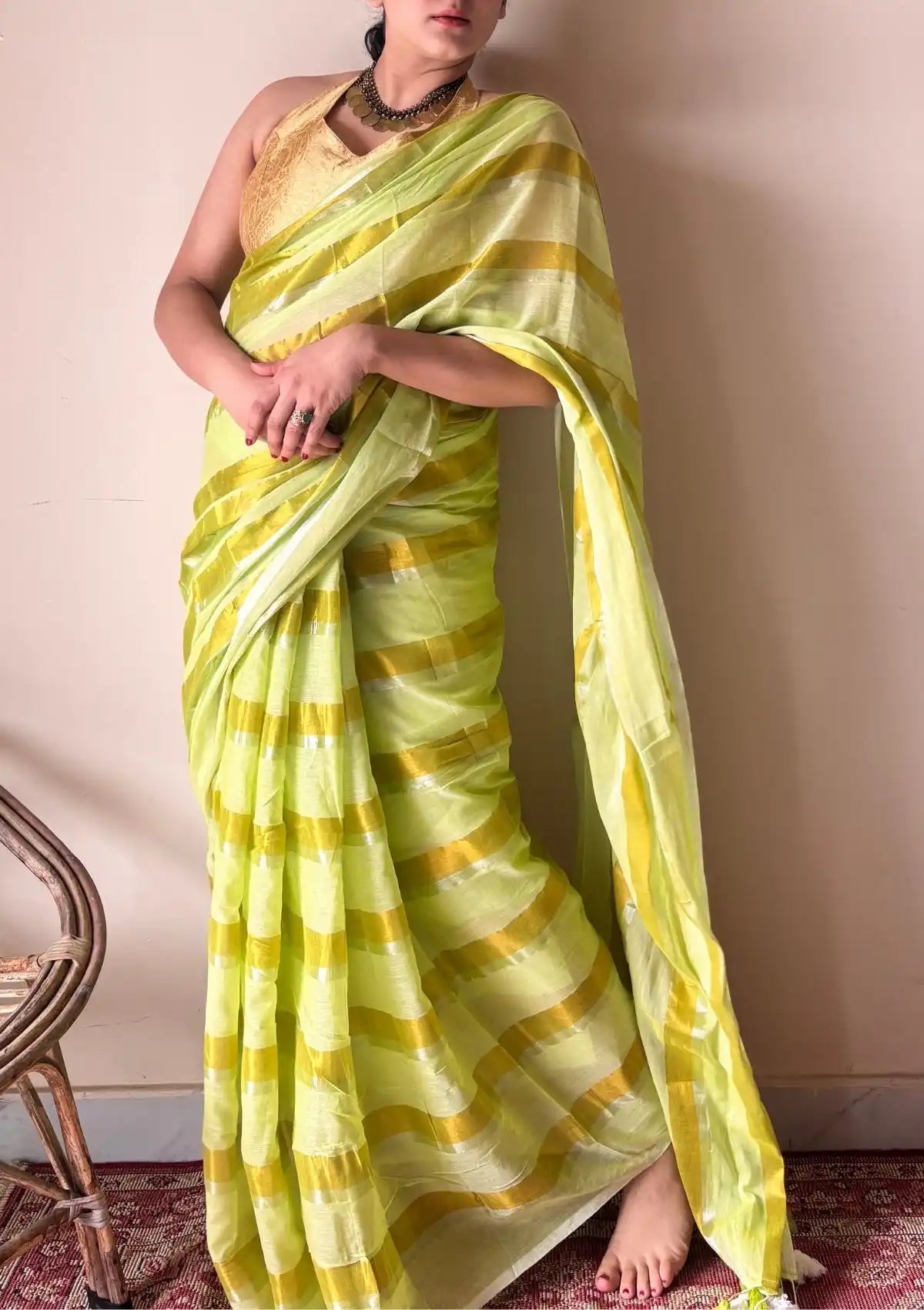 Anya | Lime Yellow Handloom Cotton Saree with Zari Stripes