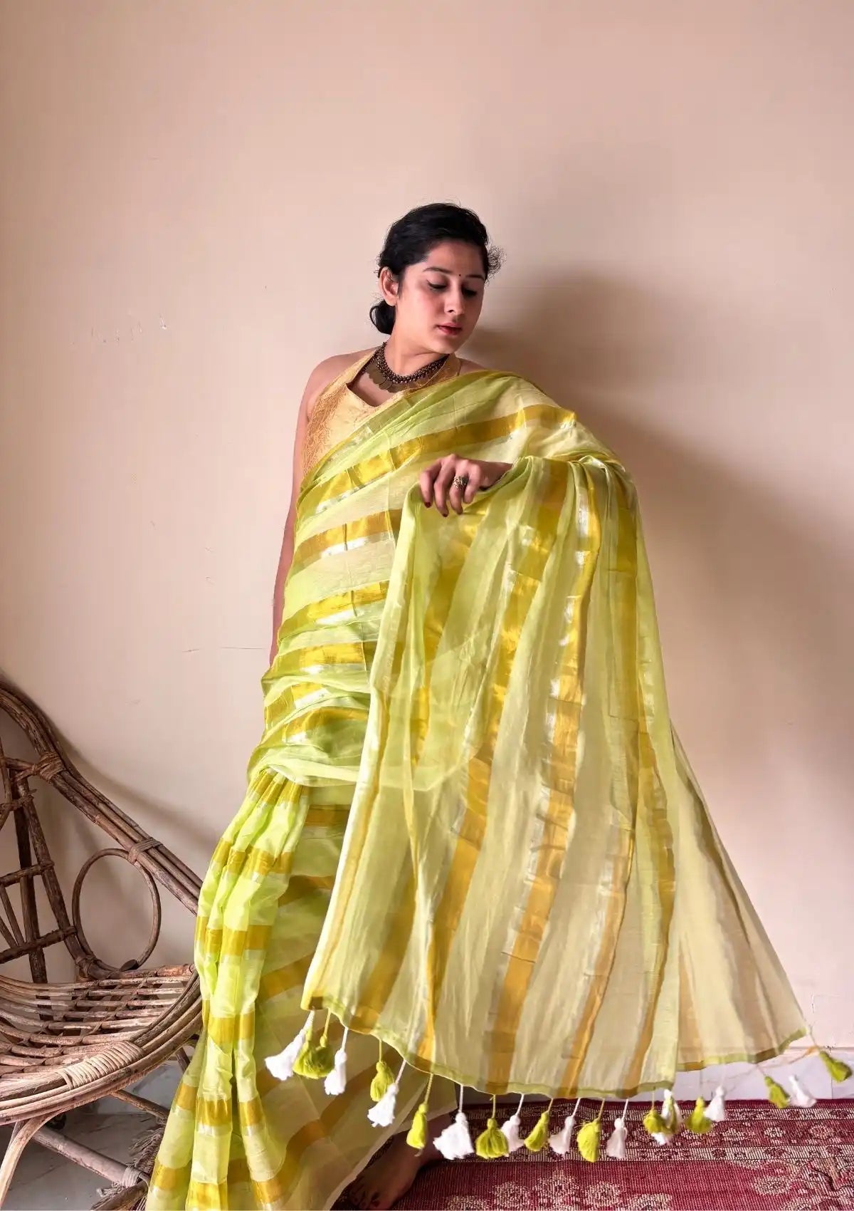 Anya | Lime Yellow Handloom Cotton Saree with Zari Stripes