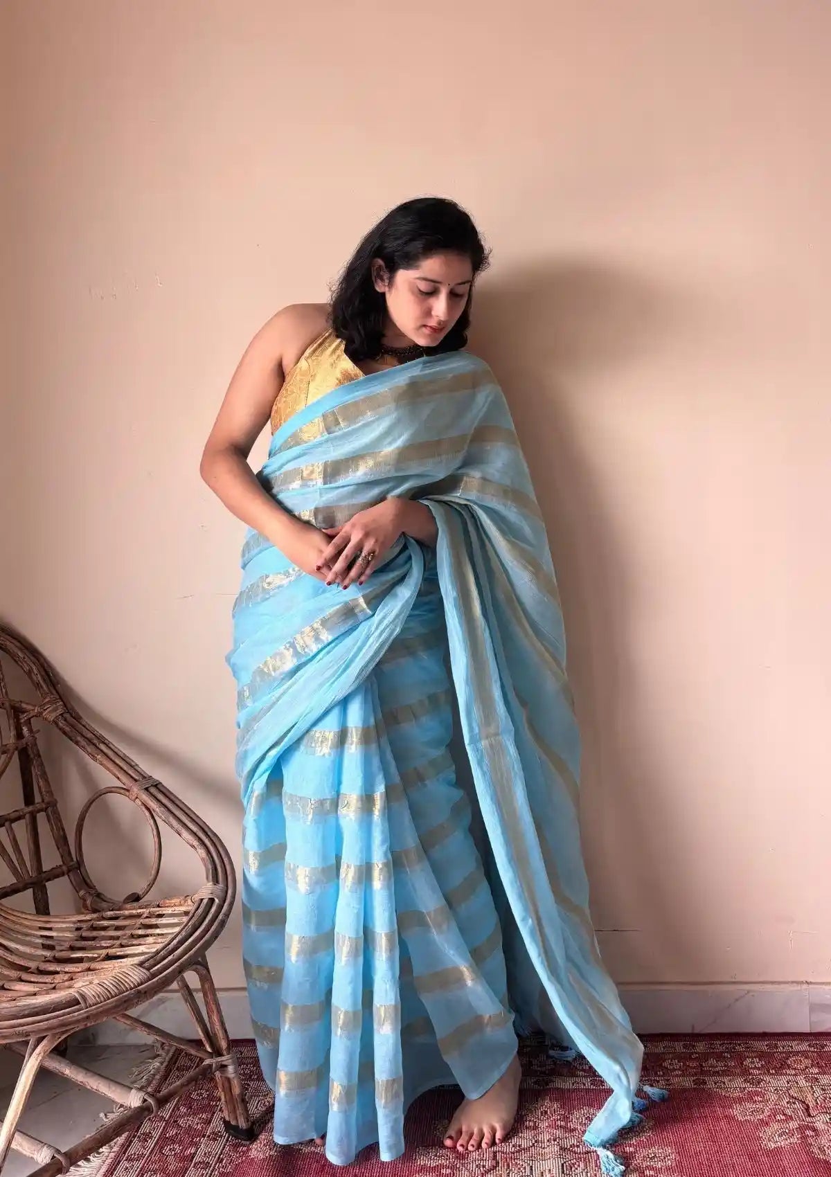 Neela | Sky Blue Handloom Cotton Saree with Zari Stripes
