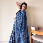 Varuni Indigo Linen Cotton Bagru Handblock Printed Saree | Blue
