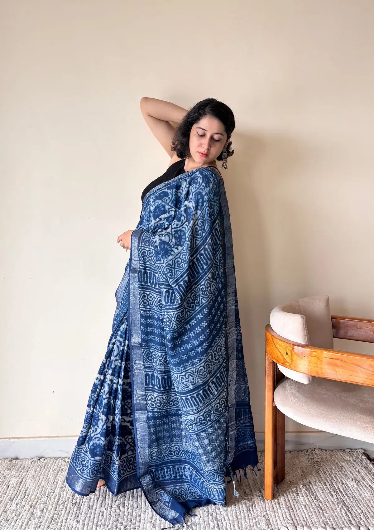 Varuni Indigo Linen Cotton Bagru Handblock Printed Saree | Blue