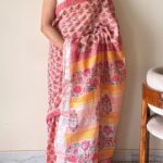 Kasturi Linen Cotton Bagru Handblock Printed Saree | Peach
