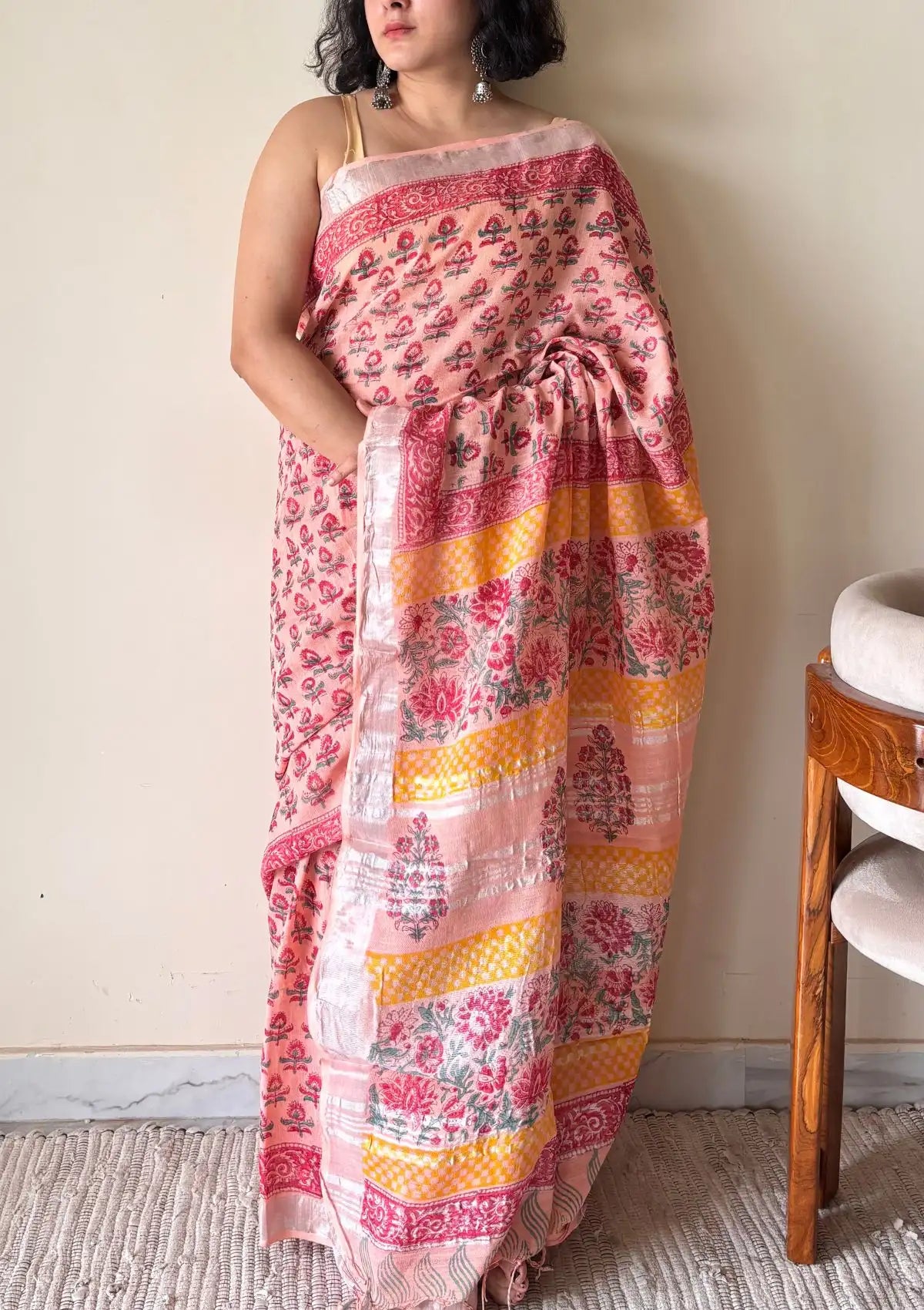 Kasturi Linen Cotton Bagru Handblock Printed Saree | Peach