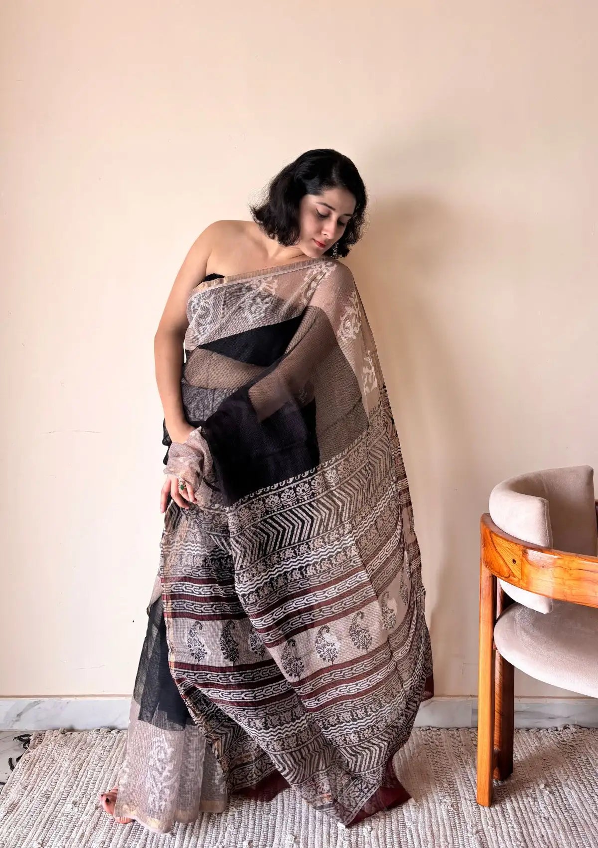 Jamini Kota Doria Cotton Silk Handblock Printed Saree | Black