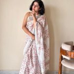 Manjiri Linen Cotton Bagru Handblock Printed Saree | White Pink