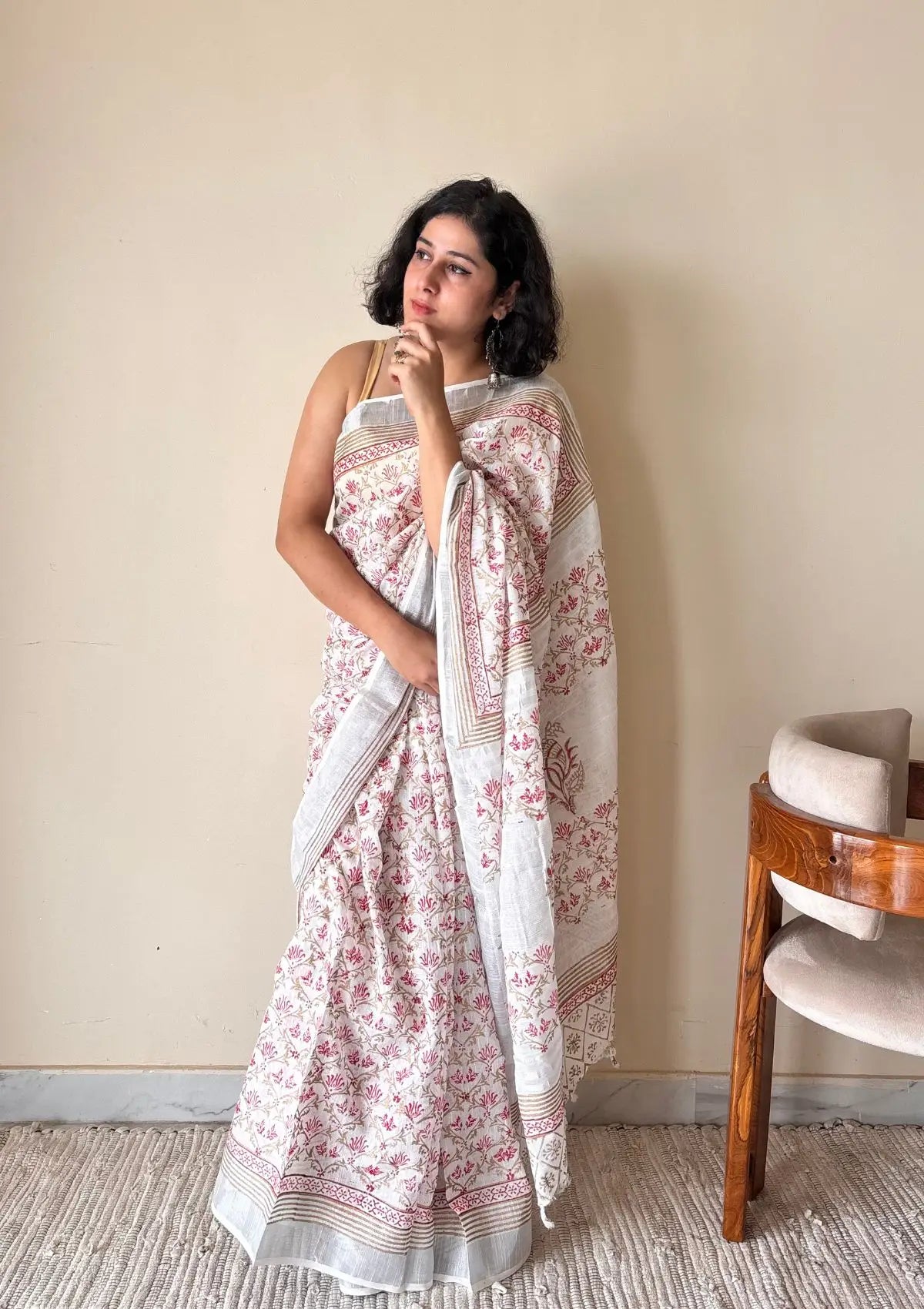 Manjiri Linen Cotton Bagru Handblock Printed Saree | White Pink