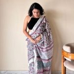 Bahaar Linen Cotton Bagru Handblock Printed Saree | Pink White