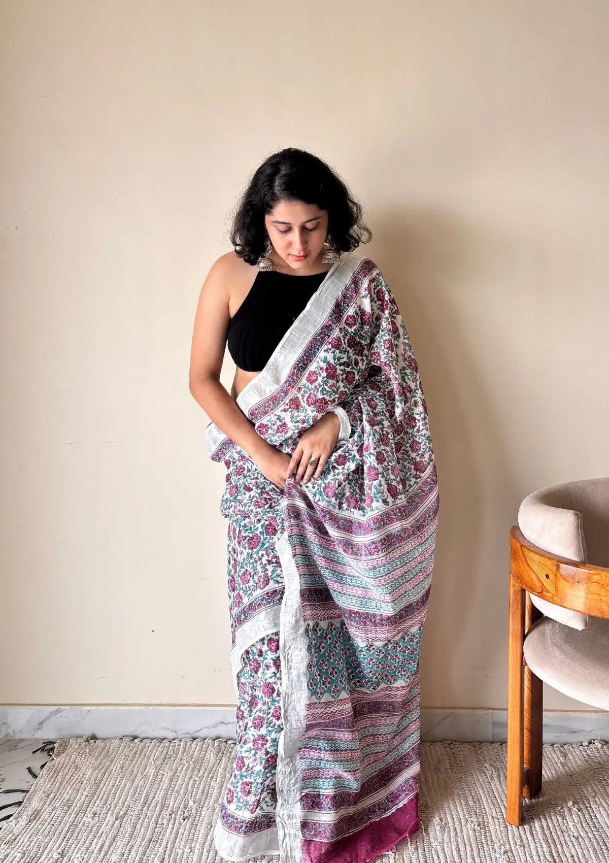 Bahaar Linen Cotton Bagru Handblock Printed Saree | Pink White