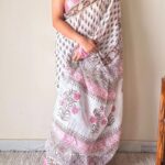 Bela Linen Cotton Bagru Handblock Printed Saree | White Pink