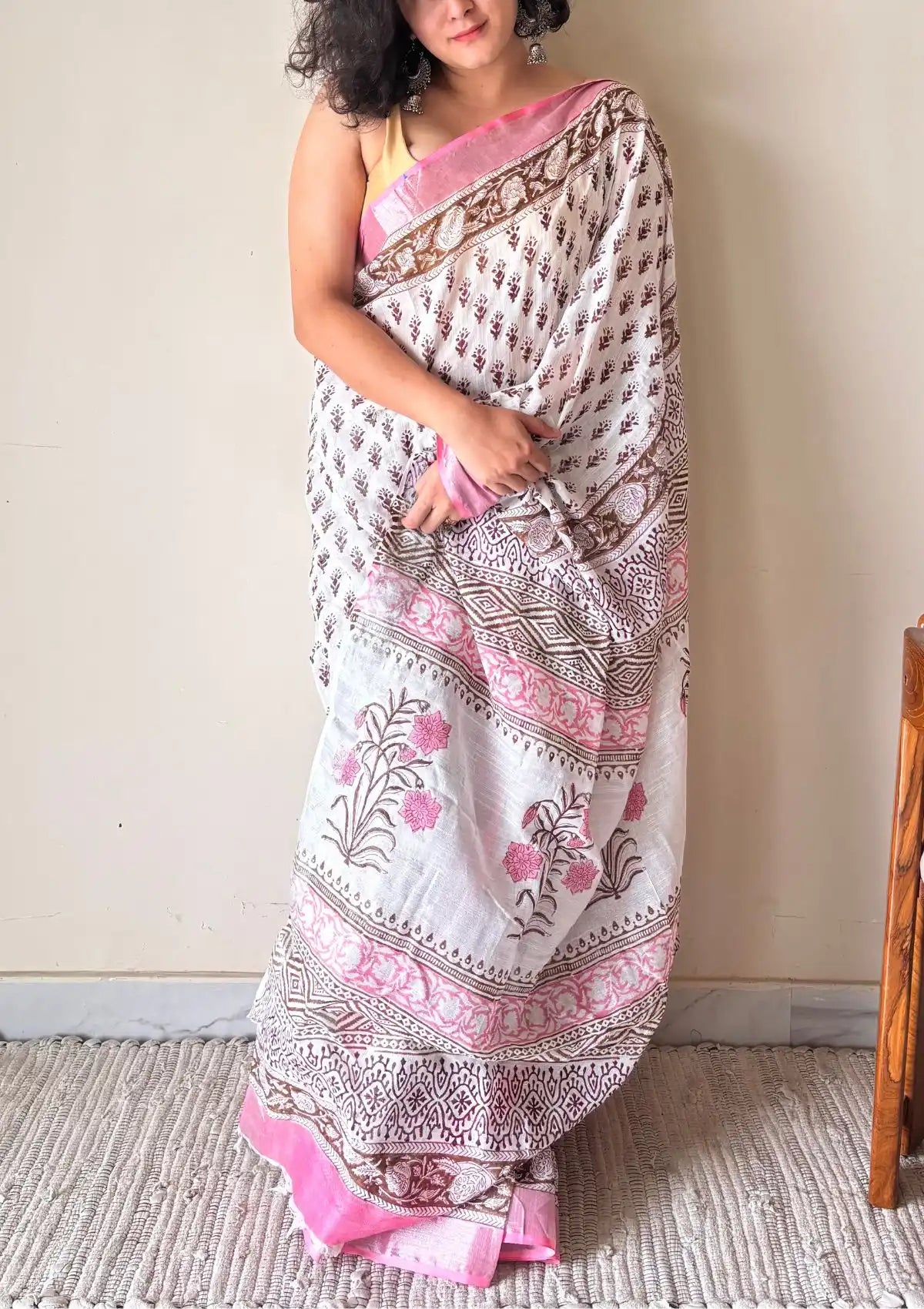 Bela Linen Cotton Bagru Handblock Printed Saree | White Pink
