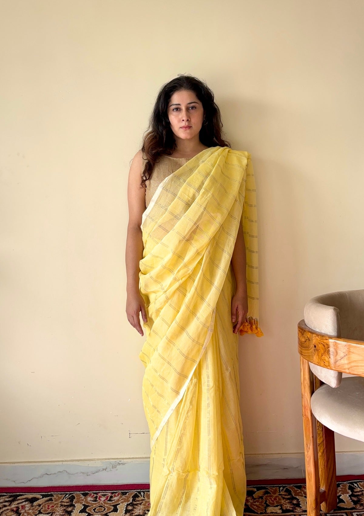 Harini Yellow Mulmul Cotton Gold Zari Striped Saree