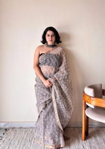 Meghna Kota Doria Cotton Silk Handblock Saree | Brown Grey