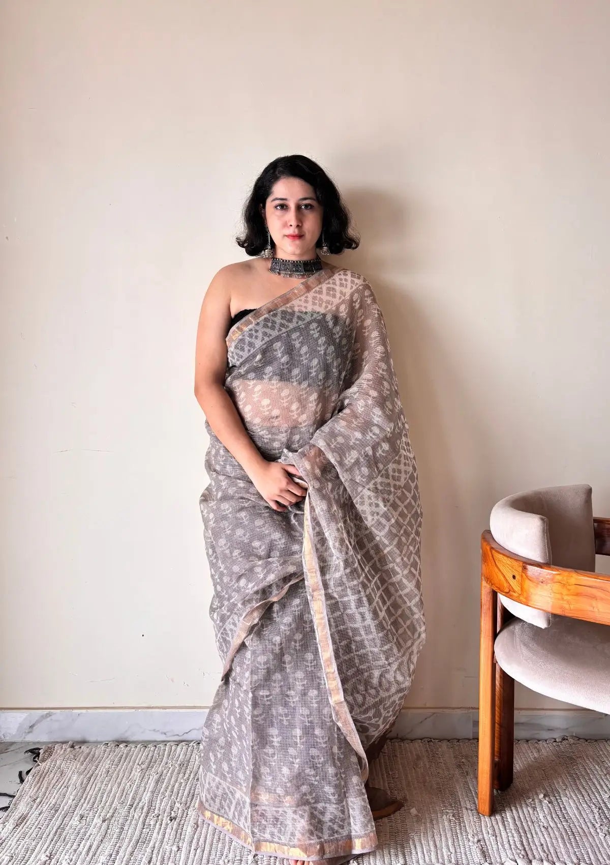 Meghna Kota Doria Cotton Silk Handblock Saree | Brown Grey