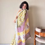 Basanti Linen Cotton Bagru Handblock Printed Saree | Yellow White