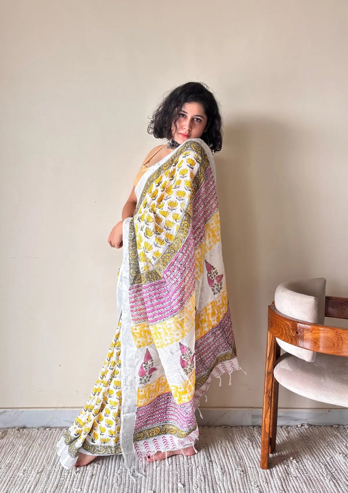Basanti Linen Cotton Bagru Handblock Printed Saree | Yellow White