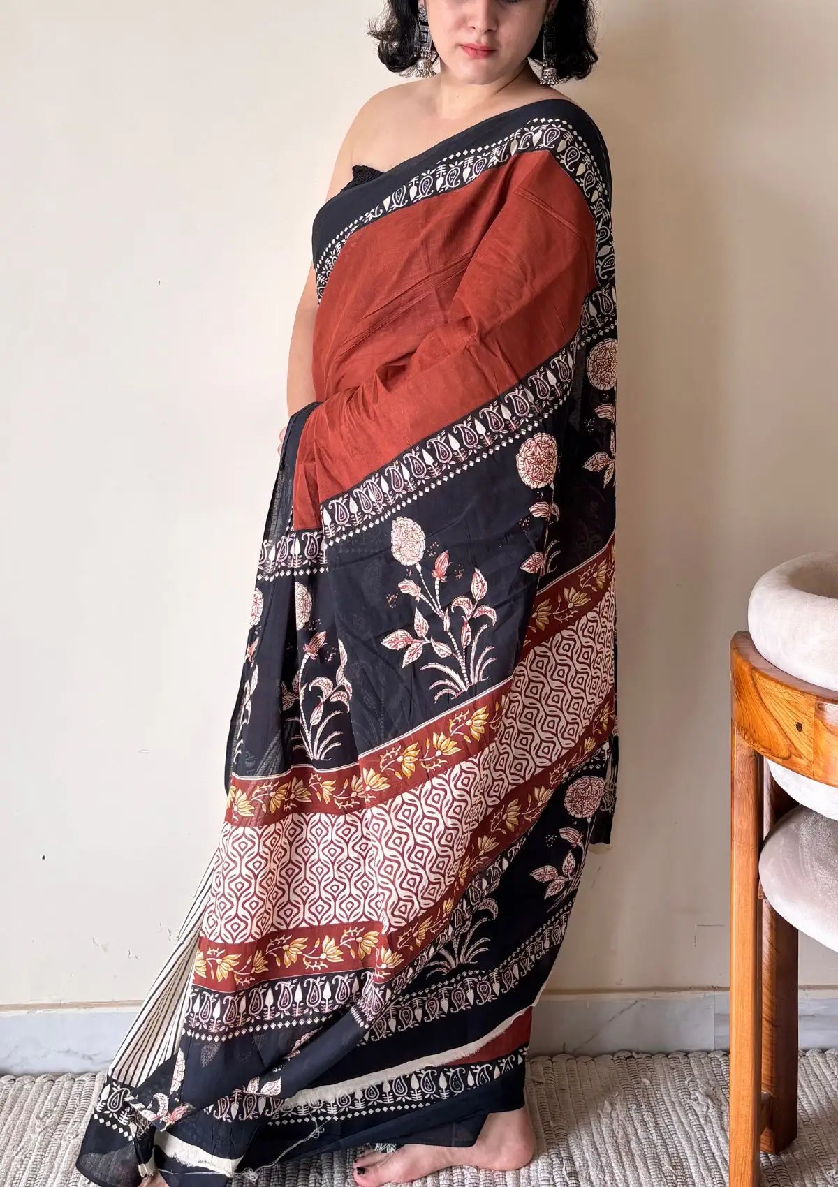 Leela Cotton Bagru Handblock Printed Saree | Red Black