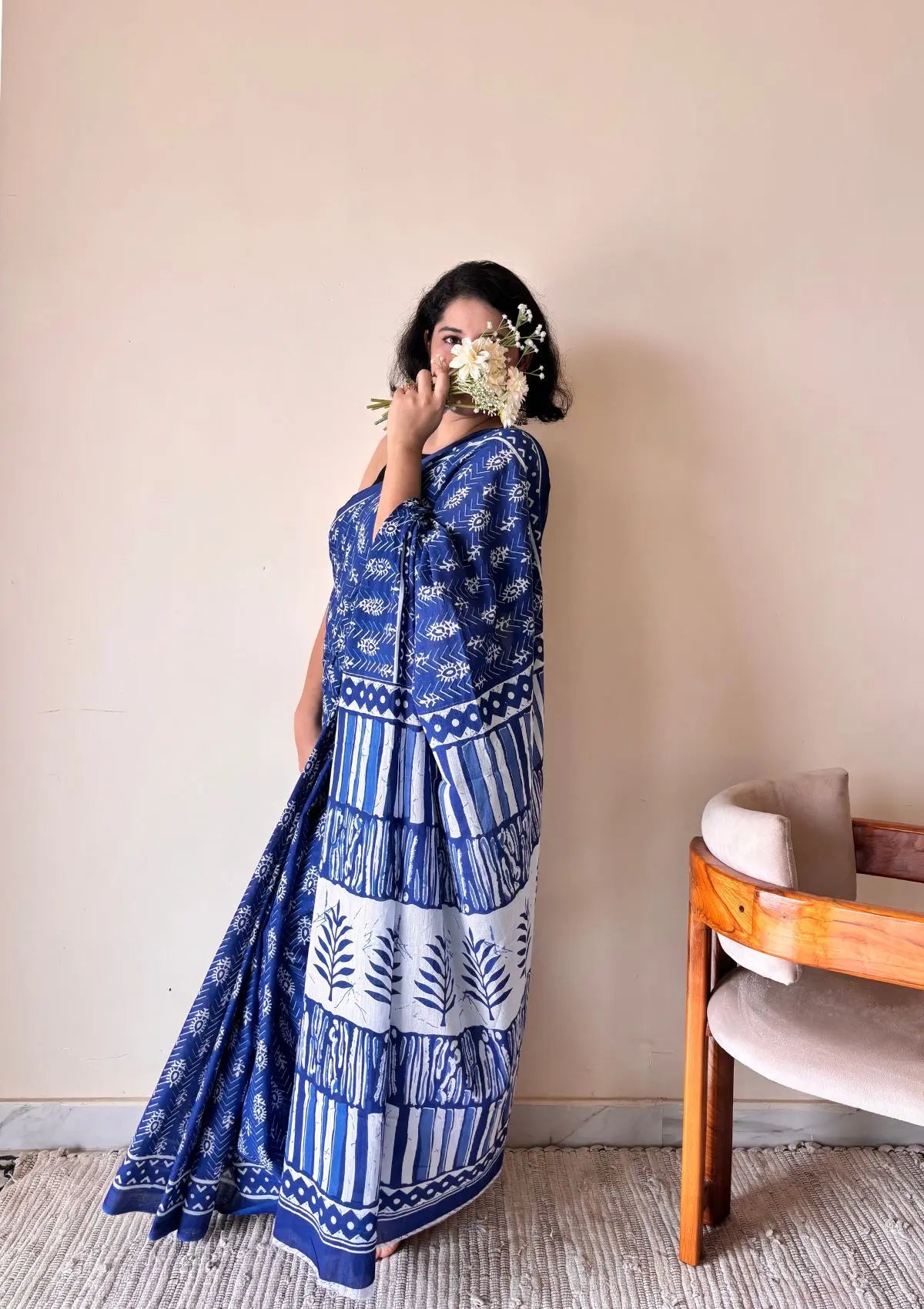 Nilambari Indigo Cotton Bagru Handblock Printed Saree | Blue