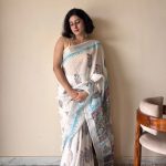 Hansini Linen Cotton Bagru Handblock Printed Saree | White Blue