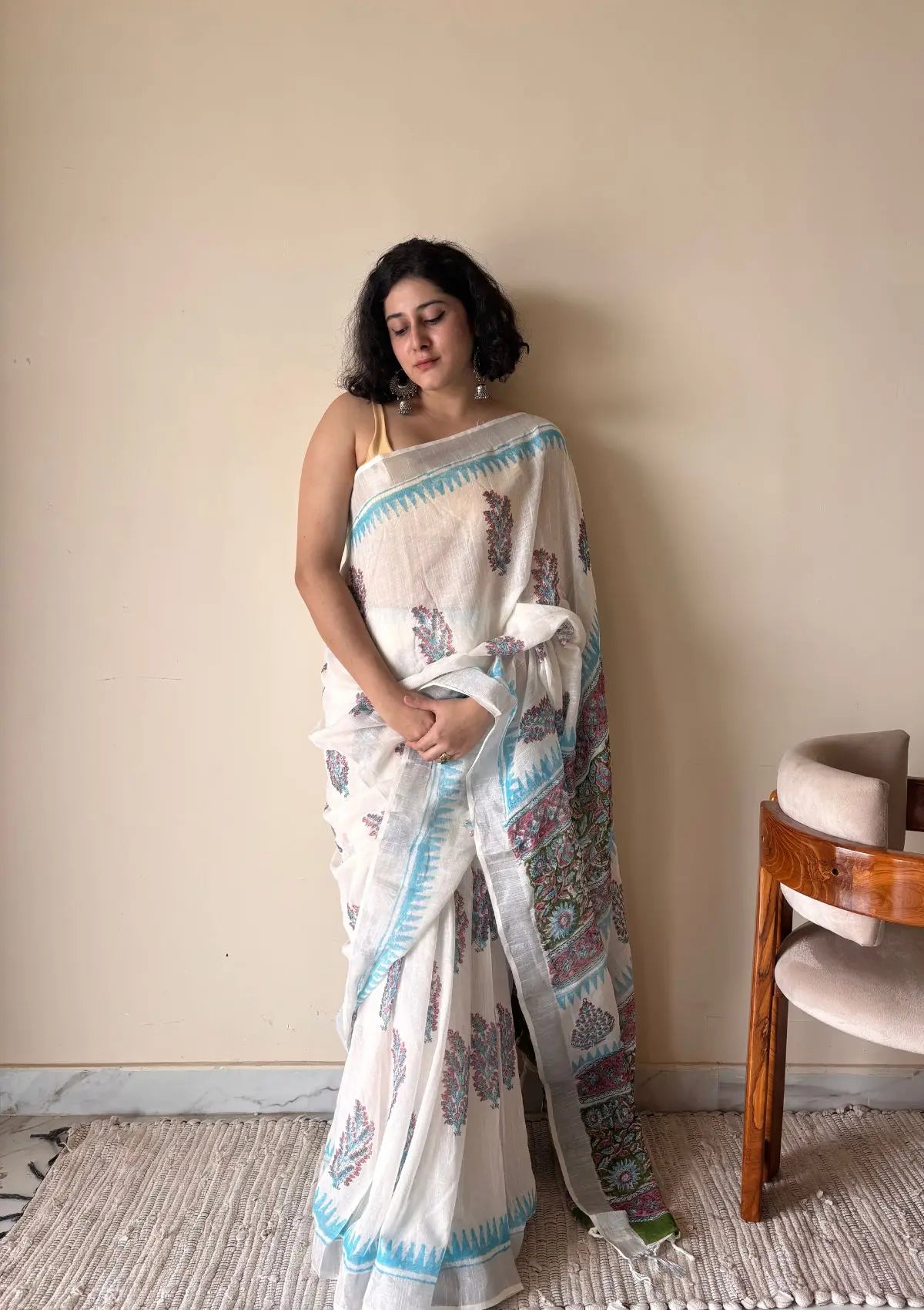 Hansini Linen Cotton Bagru Handblock Printed Saree | White Blue