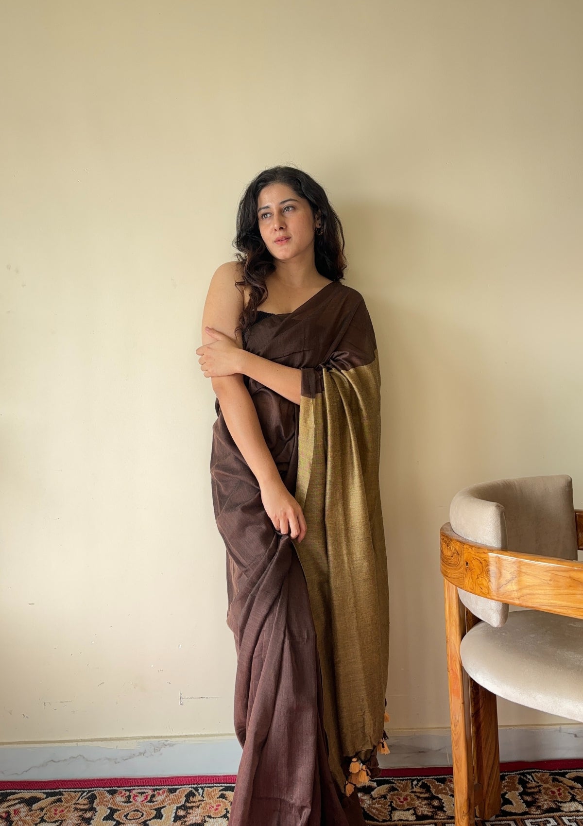 Yogini Brown and Beige Pure Cotton Saree with Tassels