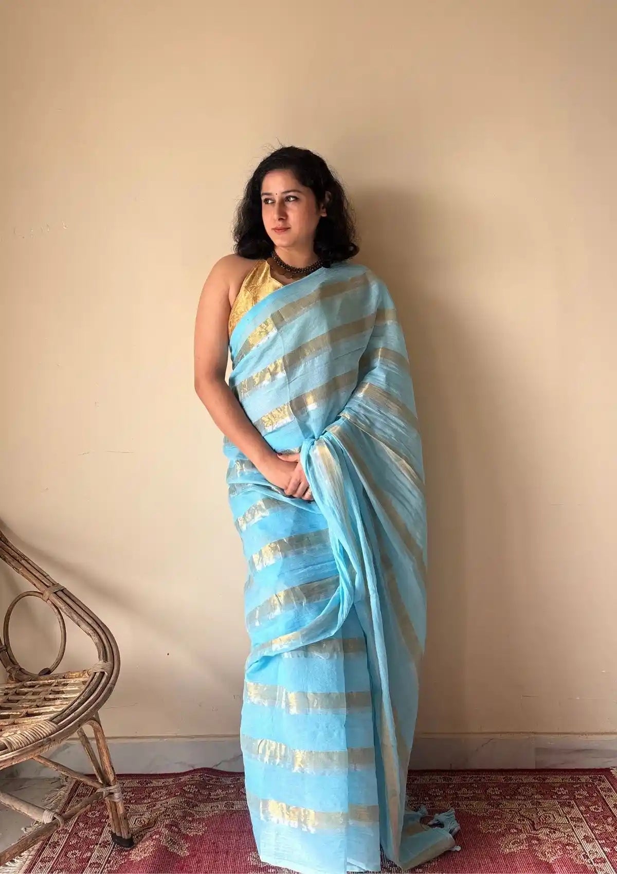 Neela | Sky Blue Handloom Cotton Saree with Zari Stripes