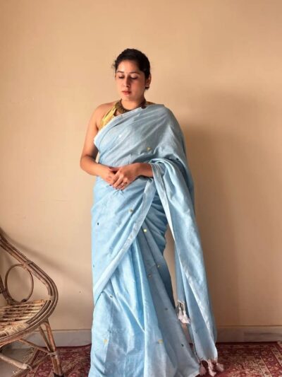 Aisha | Powder Blue Handloom Cotton Saree with Gold Sequin