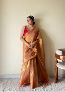 Rekha – Gold Peach Tissue Cotton Zari Saree