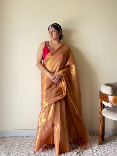 Rekha – Gold Peach Tissue Cotton Zari Saree