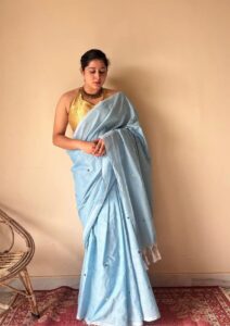 Aisha | Powder Blue Handloom Cotton Saree with Gold Sequin