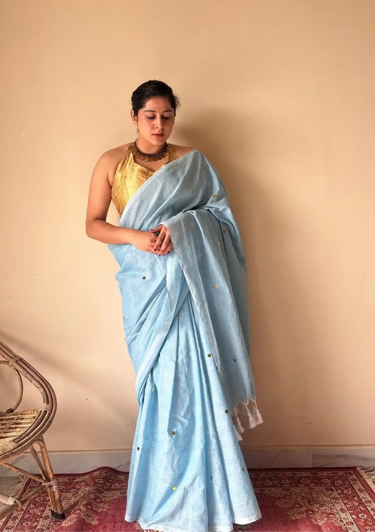 Aisha | Powder Blue Handloom Cotton Saree with Gold Sequin