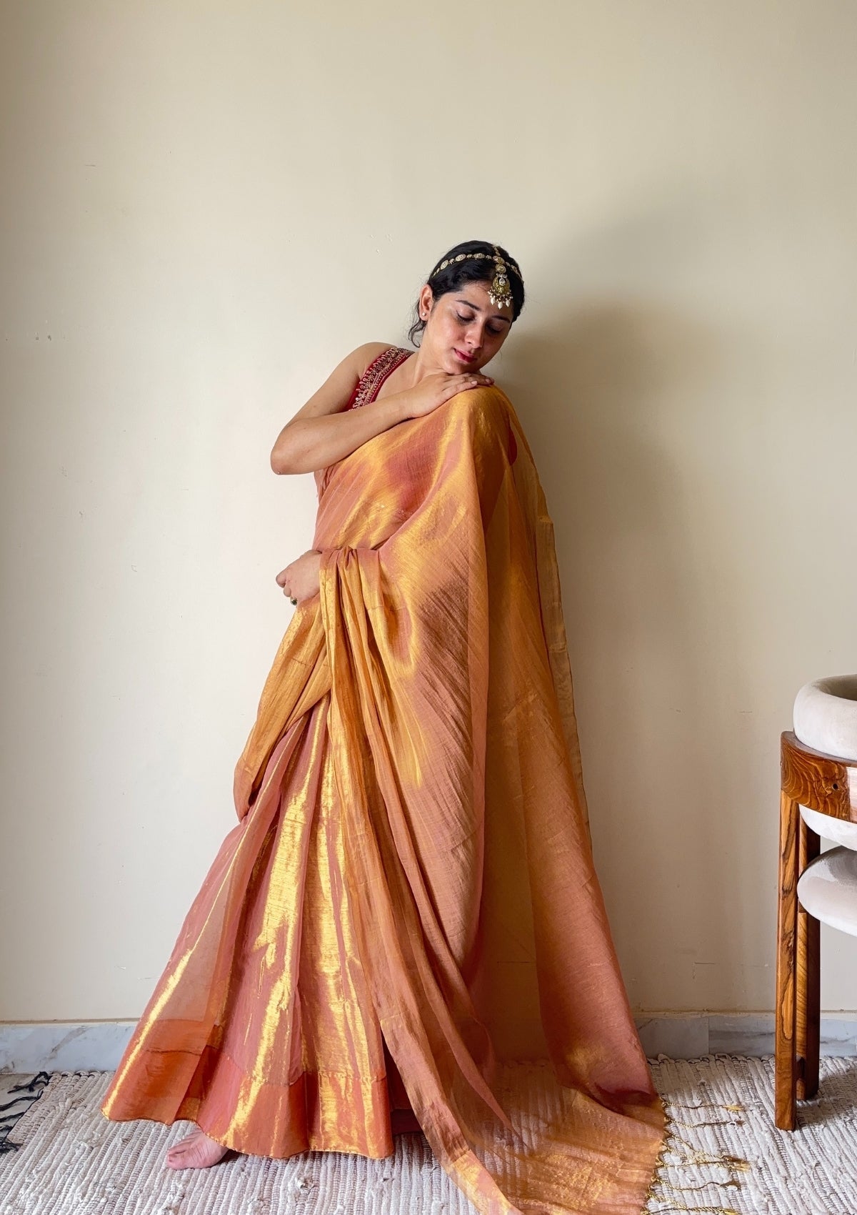 Rekha – Gold Peach Tissue Cotton Zari Saree